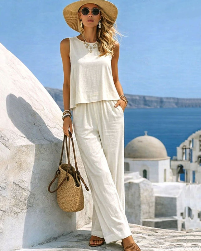 Women's Casual Cotton-Linen Tank Top & Wide-Leg Pants Set