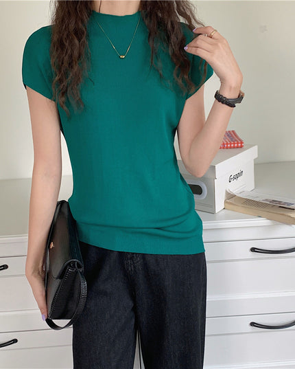 Women's Ice Silk Knit Top – Half-High Collar, Slim Fit, 9 Colors