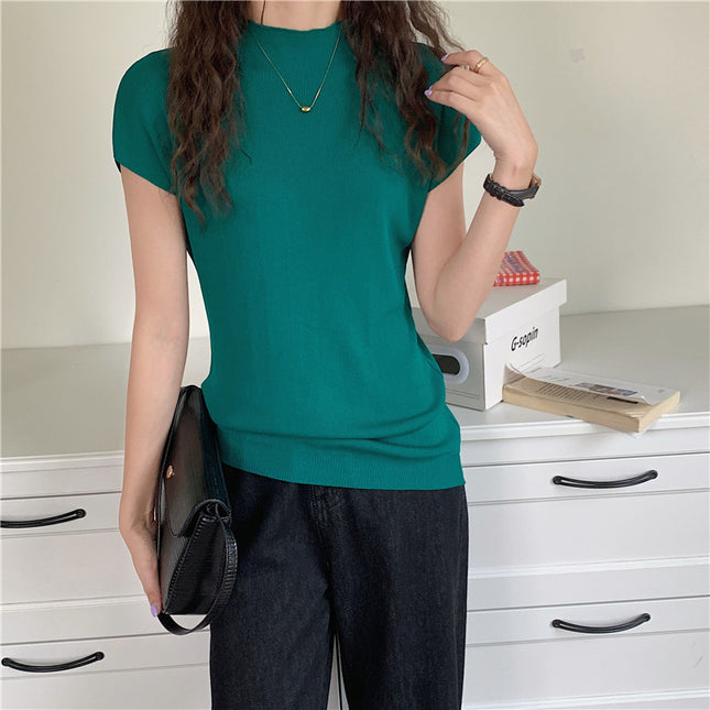 Women's Ice Silk Knit Top – Half-High Collar, Slim Fit, 9 Colors