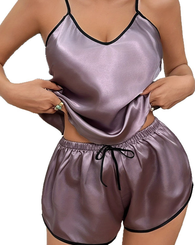 Solid-color Silk-look Cami Sleepwear Set For Women