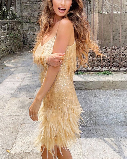Sequin Feather Tassel Mini Dress | Spaghetti Strap V-Neck Party Dress for Women