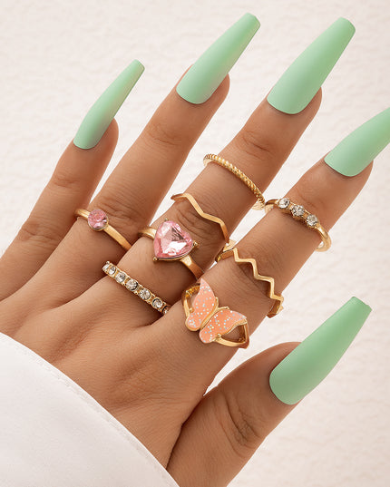Set Of Seven Geometric Hemp Pattern Rings