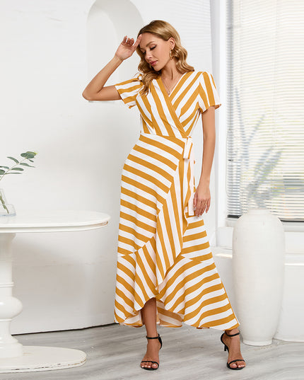Women's Ice Silk Striped Maxi Dress – Slim Fit, Short Sleeve, 4 Colors