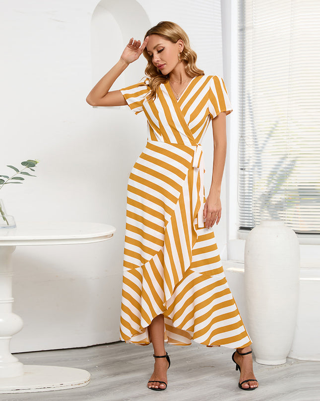 Women's Ice Silk Striped Maxi Dress – Slim Fit, Short Sleeve, 4 Colors