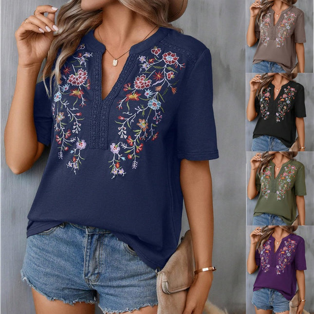 Floral Embroidery Lace-Collar Blouse