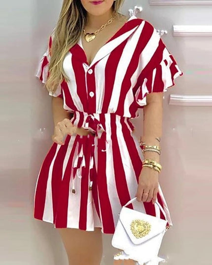 Women's Striped Print Jumpsuit – Midi Length, Red & Black, S–XL
