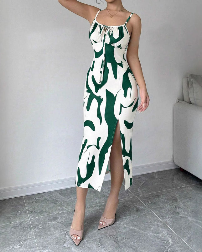 Printed Lace-Up Split Midi Dress