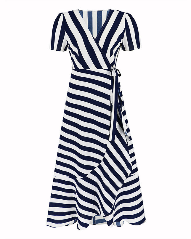 Women's Ice Silk Striped Maxi Dress – Slim Fit, Short Sleeve, 4 Colors