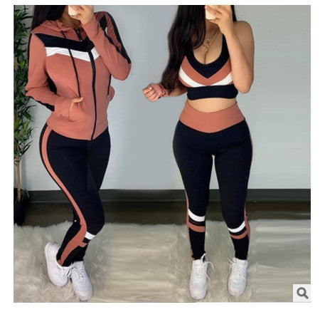 Women's 3-Piece Striped Casual Hoodie Set – Bra, Coat & Pants | 5 Colors, S–XL