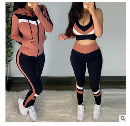 Women's 3-Piece Striped Casual Hoodie Set – Bra, Coat & Pants | 5 Colors, S–XL