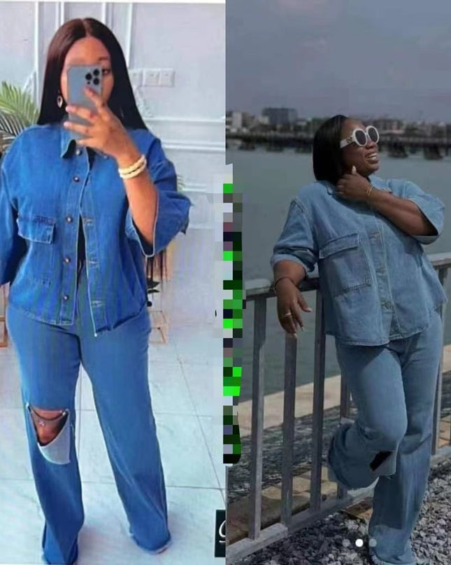 Women's Ripped Denim Shirt & Trousers Two-Piece Set