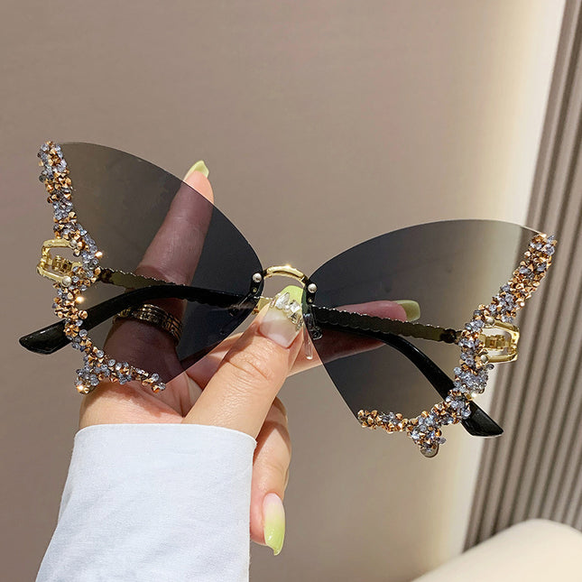 Diamond Butterfly Sunglasses – Y2K Rimless Oversized Shades