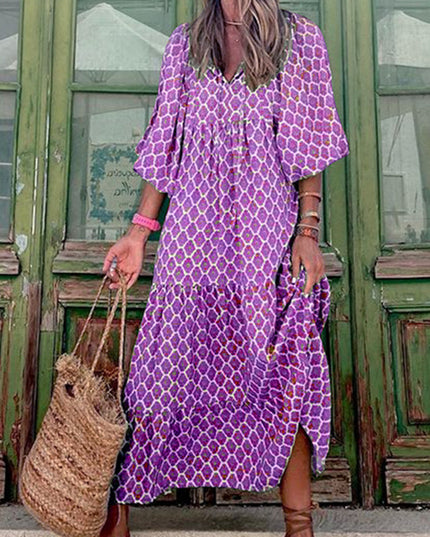 Vintage Floral Bohemian Maxi Dress | V-Neck Short Sleeve Long Dress for Women
