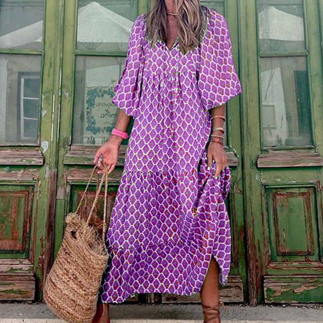 Vintage Floral Bohemian Maxi Dress | V-Neck Short Sleeve Long Dress for Women