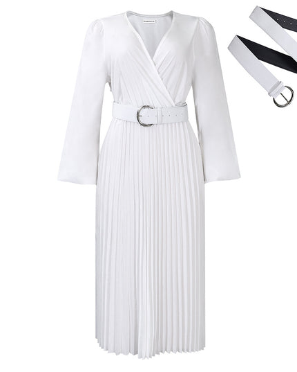 Long Sleeve V-Neck Pleated Midi Dress with Belt | High Waist Elegant Dress