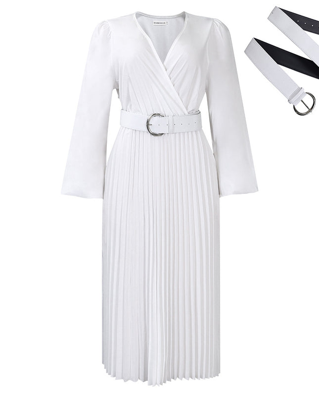 Long Sleeve V-Neck Pleated Midi Dress with Belt | High Waist Elegant Dress