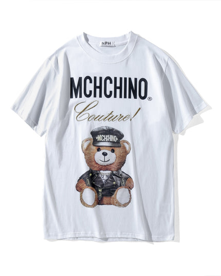 Teddy Bear Graphic Couple Short-Sleeve T-Shirt – White & Black, XXS–M