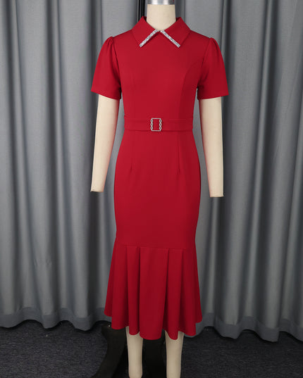 Women's Elegant High-Waist Short Sleeve Midi Dress