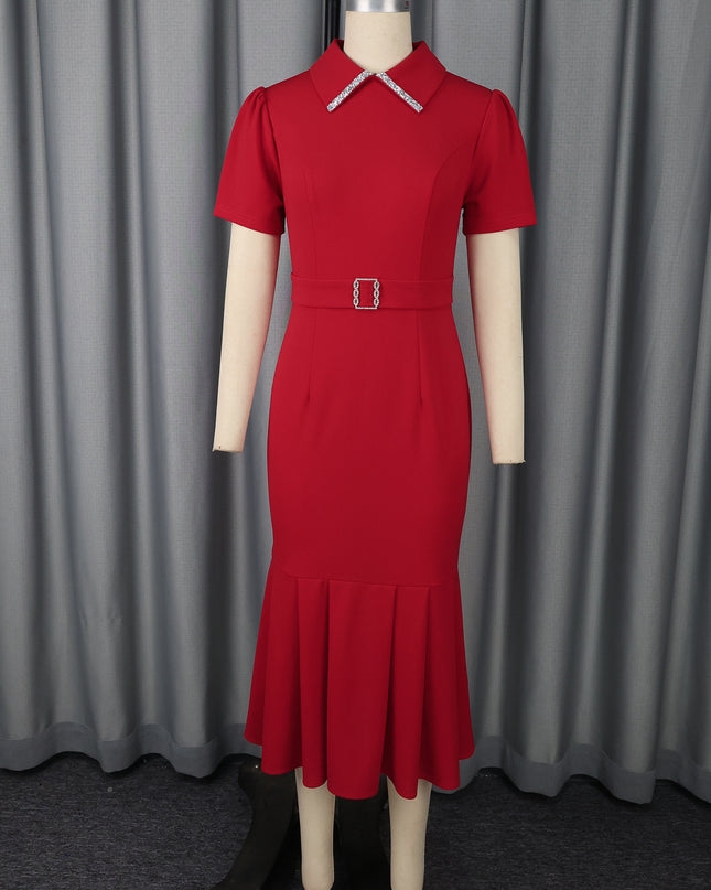 Women's Elegant High-Waist Short Sleeve Midi Dress