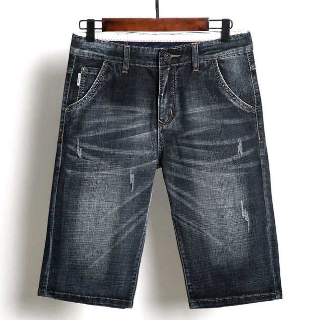 Men's Slim-Fit Denim Five-Point Shorts – Elastic Waist, Black, Sizes 28–38