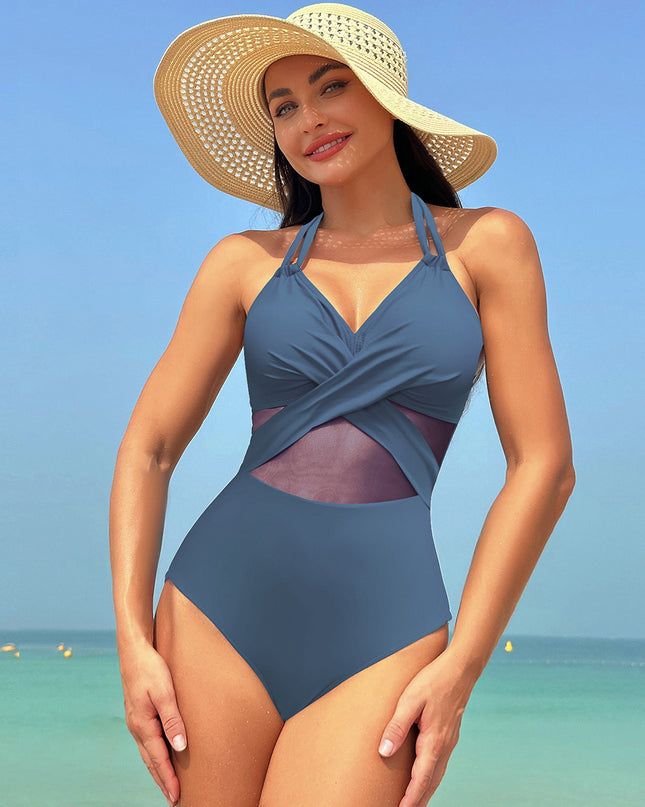 Halter-Neck Cross-Strap One-Piece Swimsuit – Mesh Detail Beach Swimwear