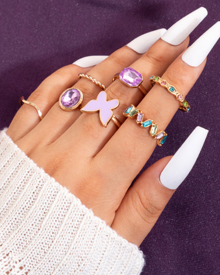 Set Of Seven Geometric Hemp Pattern Rings