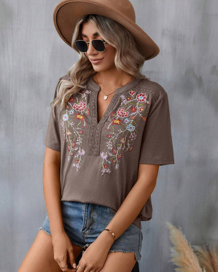Floral Embroidery Lace-Collar Blouse