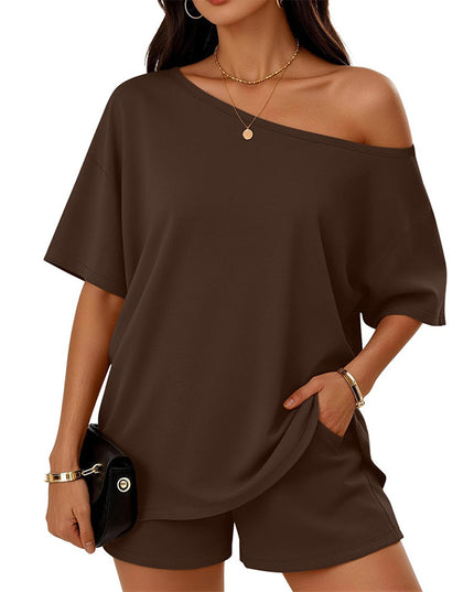 Women's Drop-Shoulder Slant-Neck Top & Shorts Set