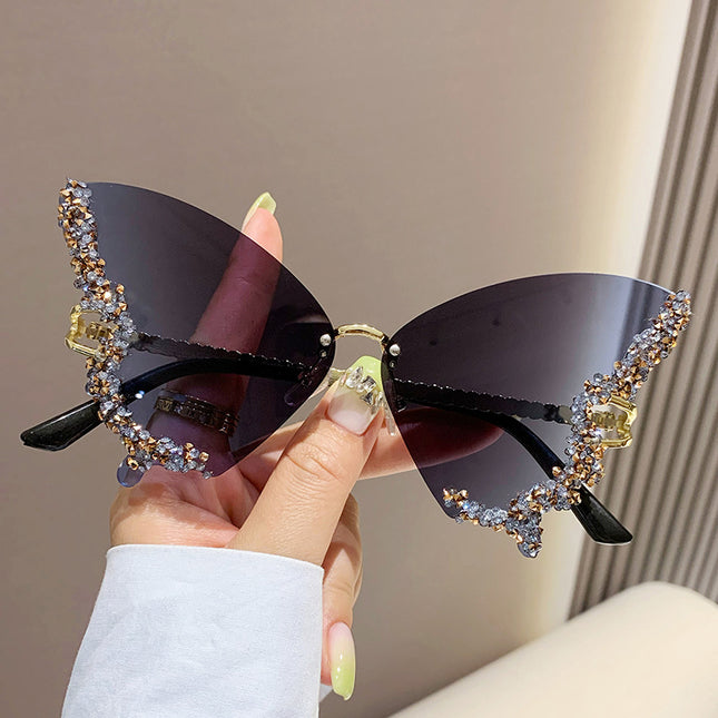 Diamond Butterfly Sunglasses – Y2K Rimless Oversized Shades
