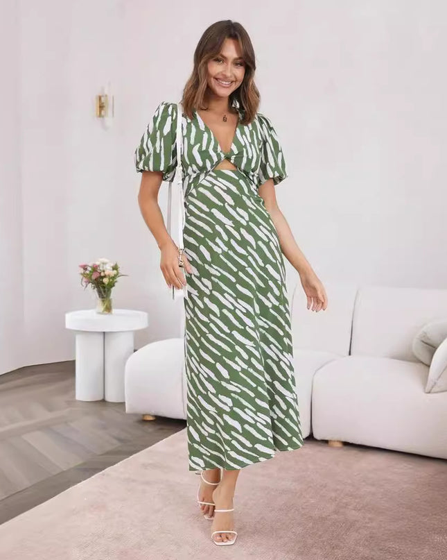 Women's Zebra Print Maxi Dress – V-Neck, Ruffle Sleeves & High Waist, S–XL