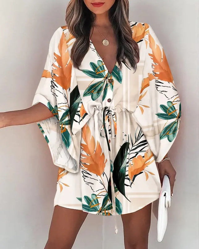 Women's Silk A-Line Printed Dress – V-Neck, Flying Sleeves, S–XXXL