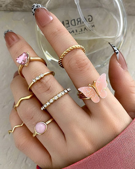 Set Of Seven Geometric Hemp Pattern Rings