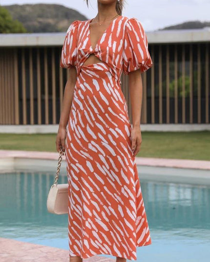 Women's Zebra Print Maxi Dress – V-Neck, Ruffle Sleeves & High Waist, S–XL