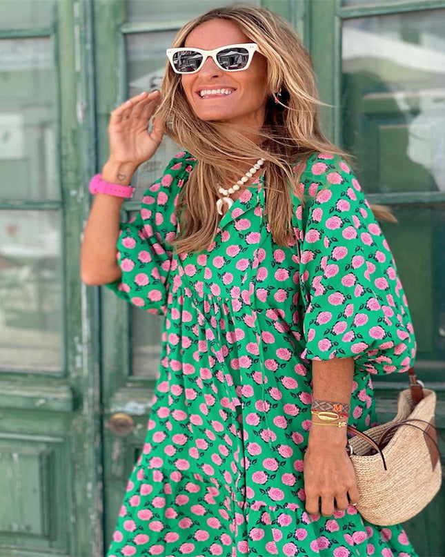 Vintage Floral Bohemian Maxi Dress | V-Neck Short Sleeve Long Dress for Women