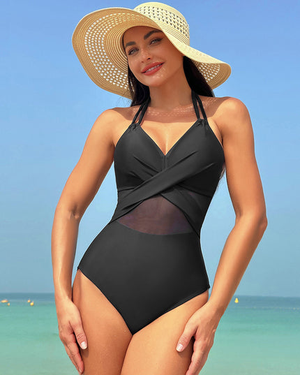 Halter-Neck Cross-Strap One-Piece Swimsuit – Mesh Detail Beach Swimwear