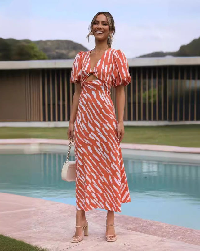 Women's Zebra Print Maxi Dress – V-Neck, Ruffle Sleeves & High Waist, S–XL
