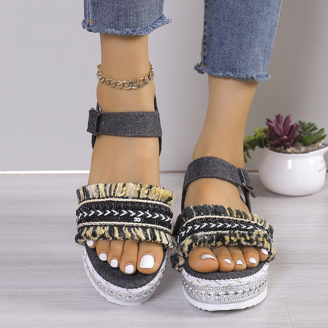 Women's Tassel Denim Flat Sandals – Thick Sole, Buckle Closure, Boho Style, 2 Colors, US 6–11