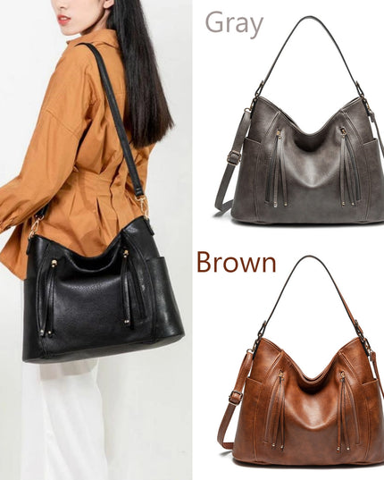 Women's Large Capacity PU Leather Handbag – Tassel Detail, Laptop Pocket, 3 Colors