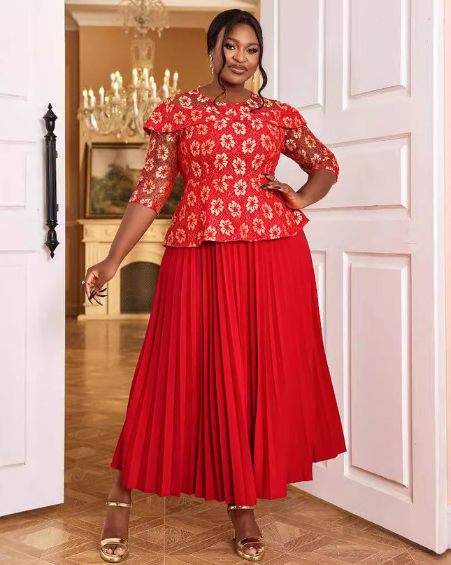 Women's Elegant Lace 3/4 Sleeve Pleated Midi Dress