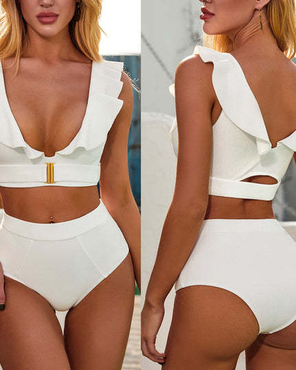 Women's White Ruffled Metal Buckle Swimsuit
