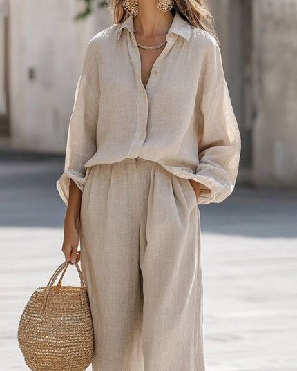 Women's Casual Lapel Long-Sleeve Shirt & Trousers Two-Piece Set – 6 Colors, S–3XL