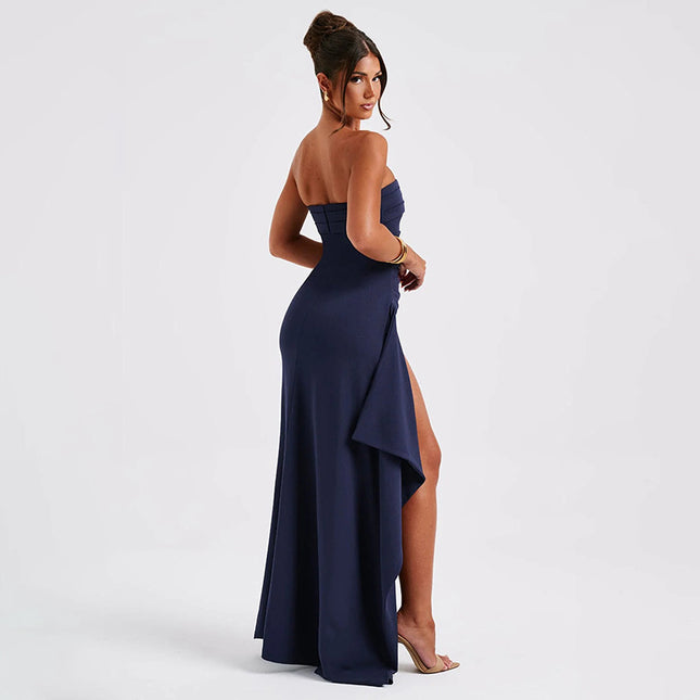 Strapless Backless Maxi Dress – Pleated A-Line Split Gown
