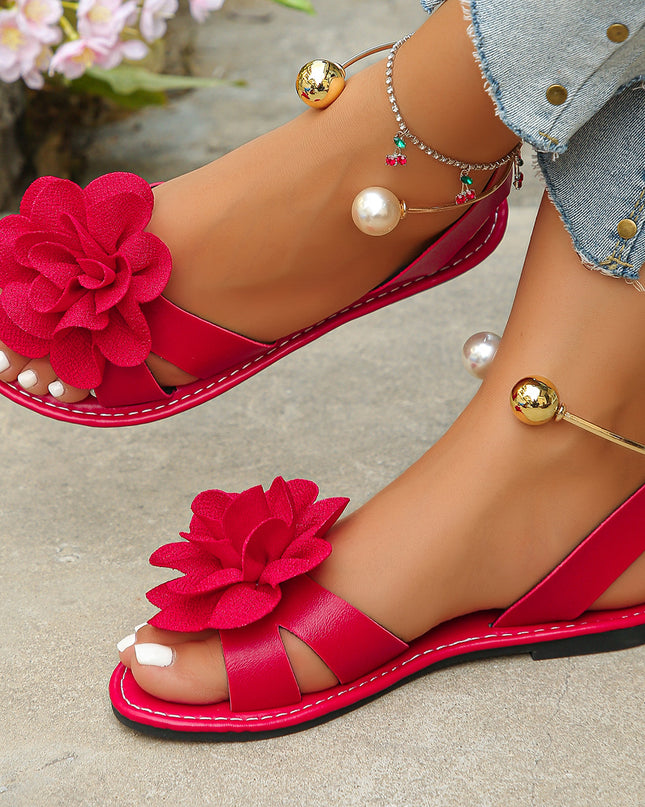 Women's Flat Open-Toe Fashion Sandals – Floral Detail, 4 Colors, US 5.5–11