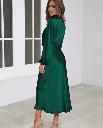 Satin Halter Neck Midi Dress – Lantern Sleeve Formal Evening Dress