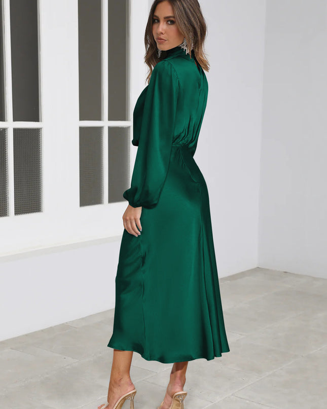 Satin Halter Neck Midi Dress – Lantern Sleeve Formal Evening Dress
