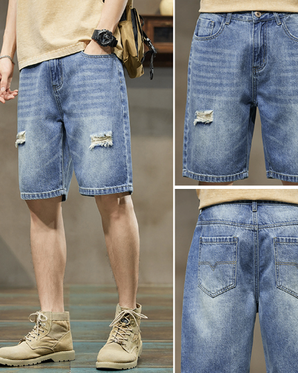 Men's Stretch Denim Five-Point Shorts – Cotton Blend, 6 Blue Shades, W28–38