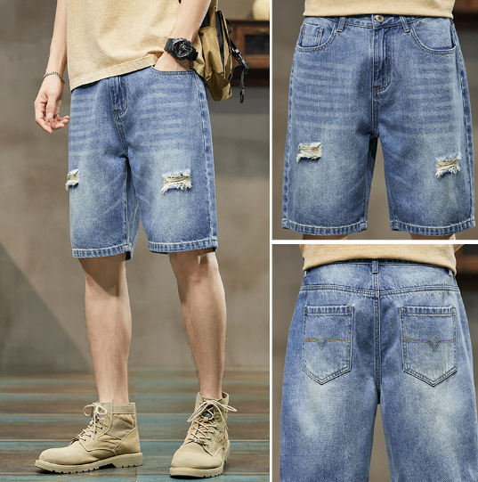 Men's Stretch Denim Five-Point Shorts – Cotton Blend, 6 Blue Shades, W28–38