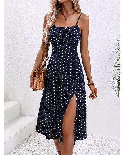 Polka Dot Suspender Maxi Dress – Flowy Split Summer Dress
