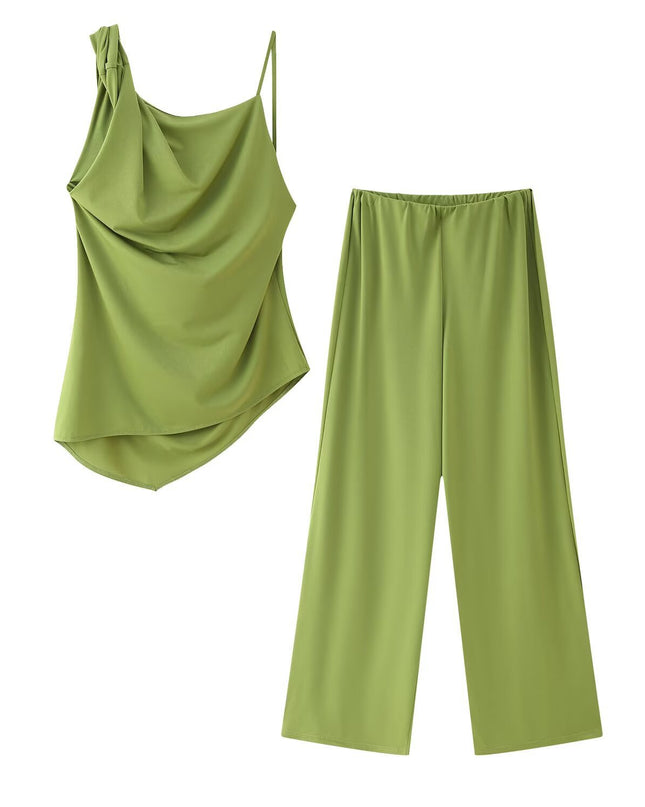 Asymmetrical Pleated Camisole & Wide-Leg Pants Set