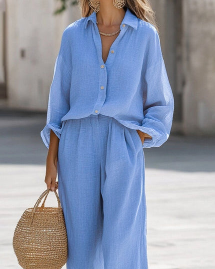 Women's Casual Lapel Long-Sleeve Shirt & Trousers Two-Piece Set – 6 Colors, S–3XL
